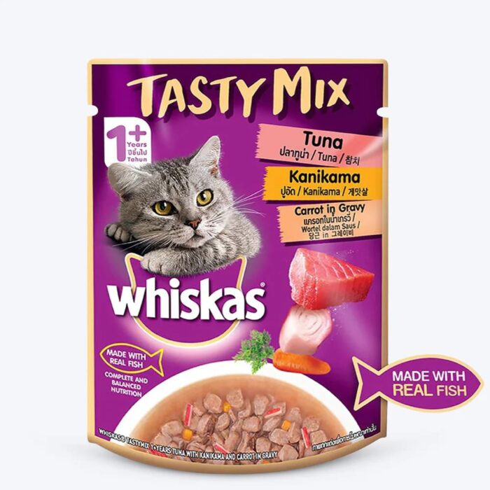 Whiskas Adult Tasty Mix Wet Cat Food Made With Real Fish, Tuna With Kanikama And Carrot in Gravy - 70g packs
